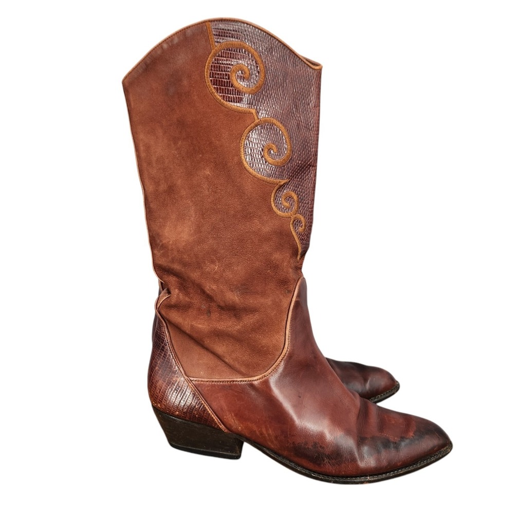 Via Spiga Western Boots Womens 8 Brown Snake Skin Leather‎ Cowgirl Pull On